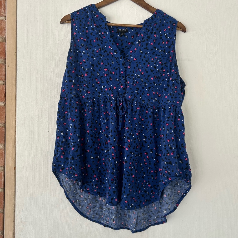 Size 0 Torrid Blue Emma Babydoll Rayon Slub Tie Waist Tunic Top